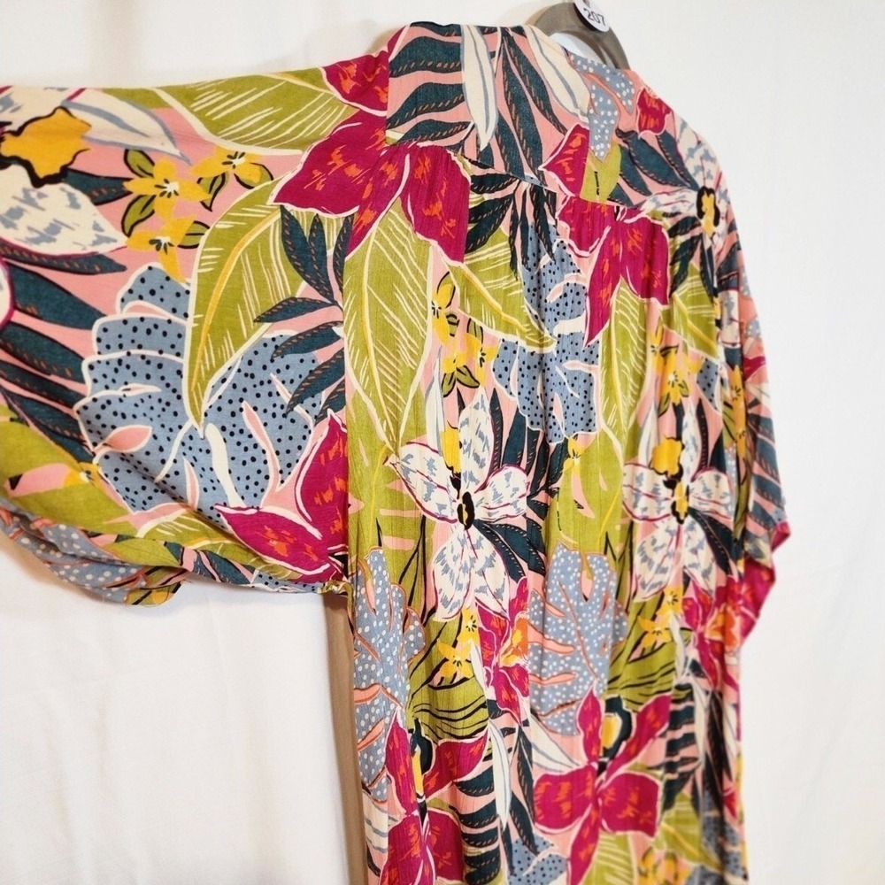 Angie Large Tropical Floral Kimono Duster Open Front Rayon Pink Green Blue